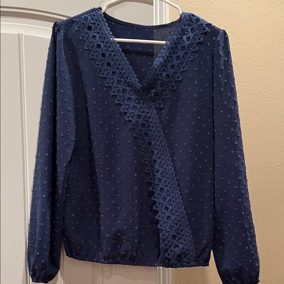 Tops - Chic Navy Blue Lace Accent Blouse